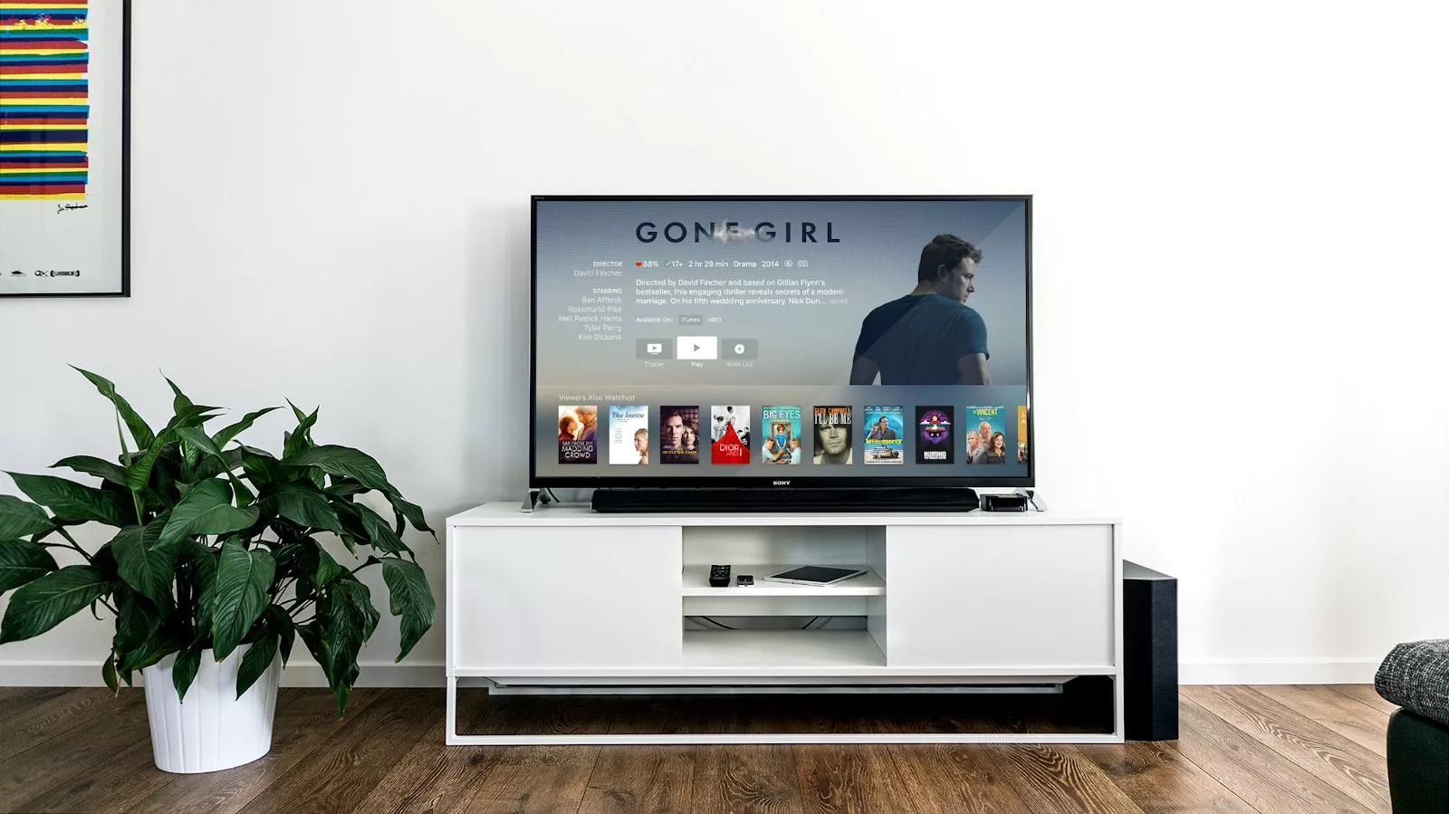 Sony Smart TV on white stand showing streaming service ready for Hot Player IPTV install
